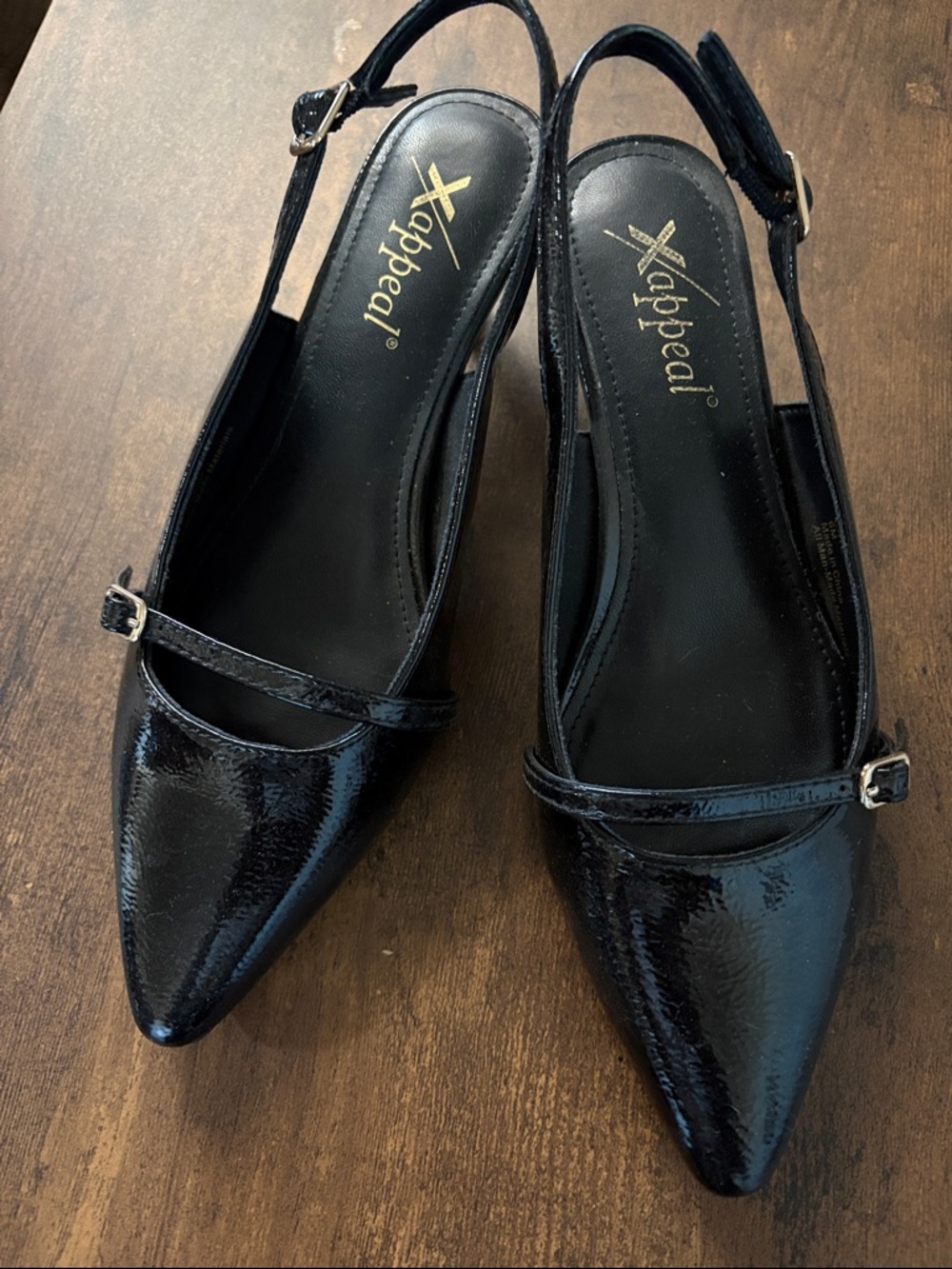 Xappeal Black Patent Pointed-Toe Slingback Flats with Slim Strap